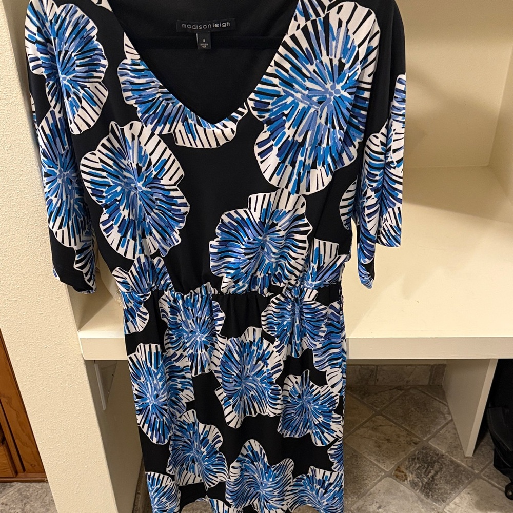 Madison Leigh Black Dress with Blue Floral Design